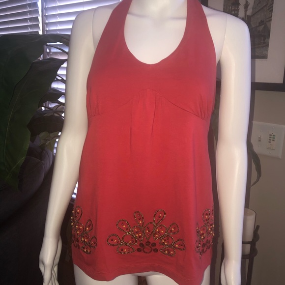 🔥LOFT Beaded Coral Halter Top Sz L (B-30) - Picture 1 of 8